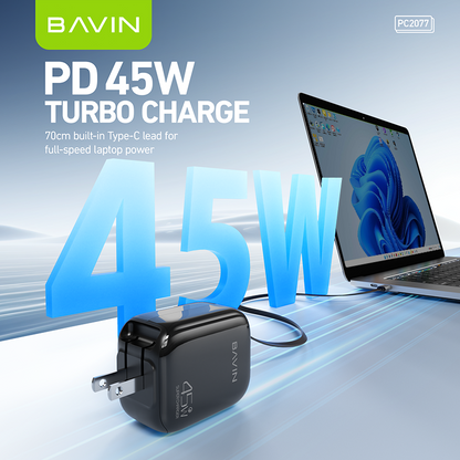 BAVIN PC2077 PD 45W QC3.0 Portable Fast Charging Adapter Charger w/ 70cm Retractable Cable + Foldable AC Plug