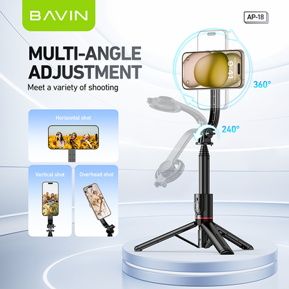 BAVIN P18 Magnetic Retractable Selfie Stick w/ Bluetooth Remote Extendable & Adjustable Tripod