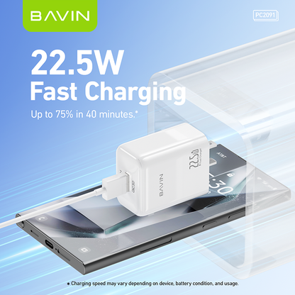 BAVIN PC2091 22.5W PD Fast Charging Charger Adapter USB Port &1 Meter Cable for Micro / Type-C /iPhone