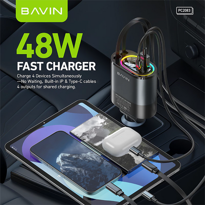 BAVIN PC2083 4-in-1 48W Fast Charging Car Charger with Retractable Cables for iPhone & Android (Supports 17 Series)
