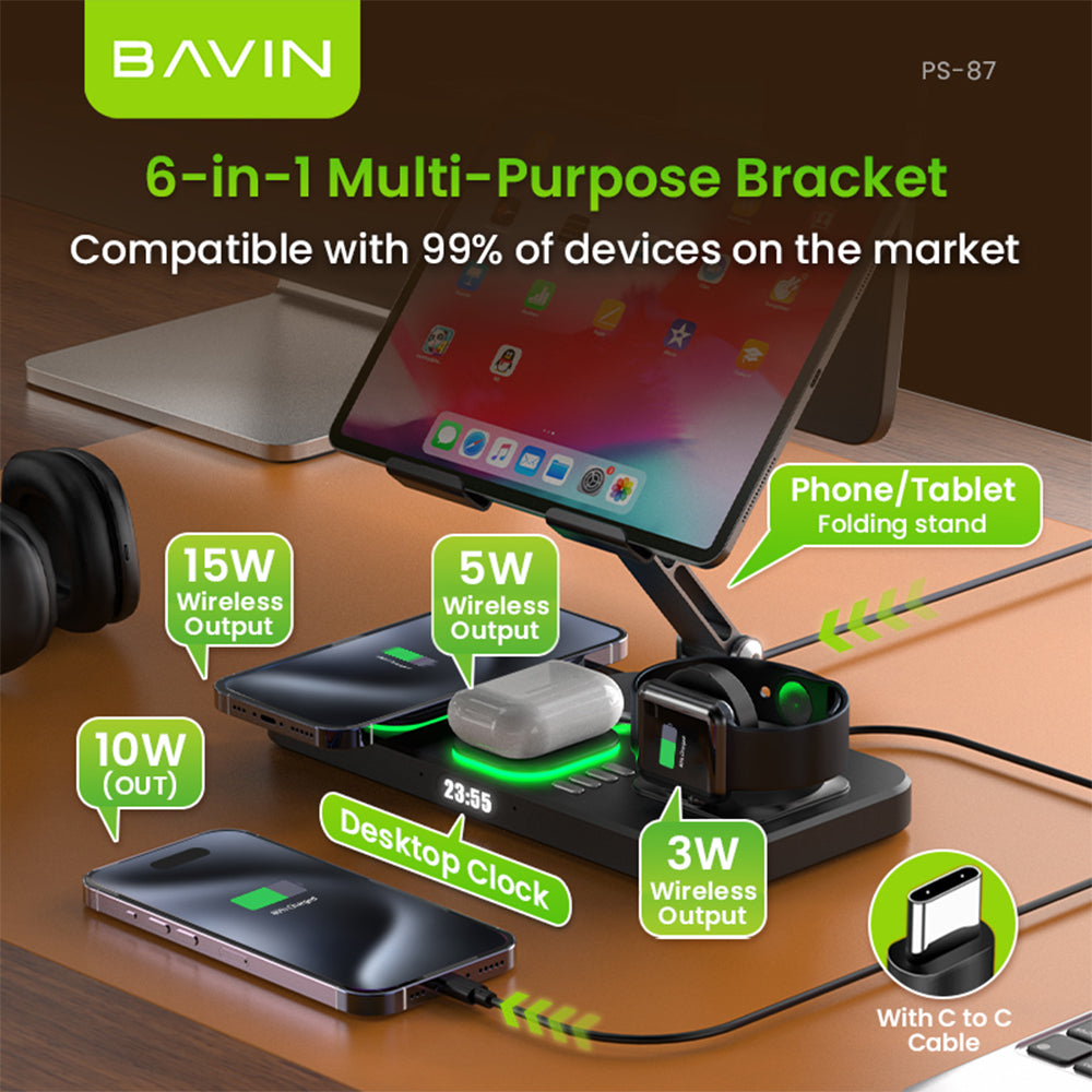 BAVIN D-S-PS87 6in1 Magnetic 15W Wireless Charging Stand w/ LED Light for Phone, Earbuds & Watch