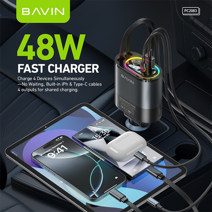 BAVIN PC2083 4-in-1 48W Fast Charging Car Charger with Retractable Cables for iPhone & Android (Supports 17 Series)