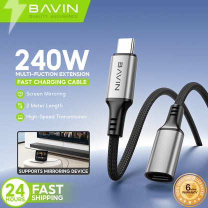 BAVIN CB408 USB Type-C 3.2 Male to Female PD 240W Fast Charing 2M Extension Data Cable 20Gbps Speed