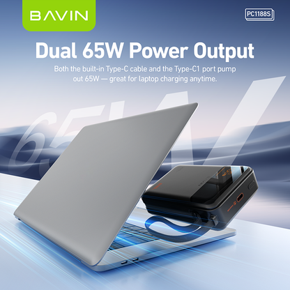 BAVIN Y-PC1188 20000mAh 65W PD Fast Charging Powerbank w/ Built-in Type-C Cable | LED Display Laptop & Mobile Compatible
