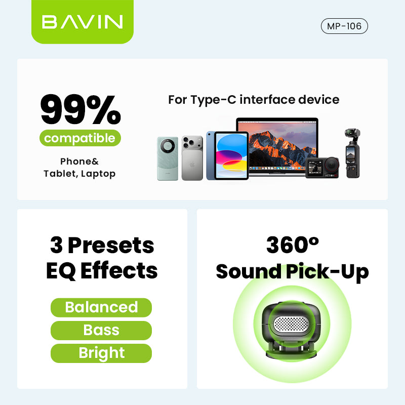 BAVIN MP106 Wireless Lavalier Type-C Port Microphone w/ 360° Sound Pick Up For Vlog & Live Stream