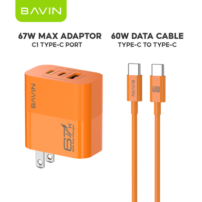 BAVIN PC2133 3in1 67W GaN Fast Charging Charger Dual Type-C + USB Ports w/ 1m Cable for Laptop, Phones