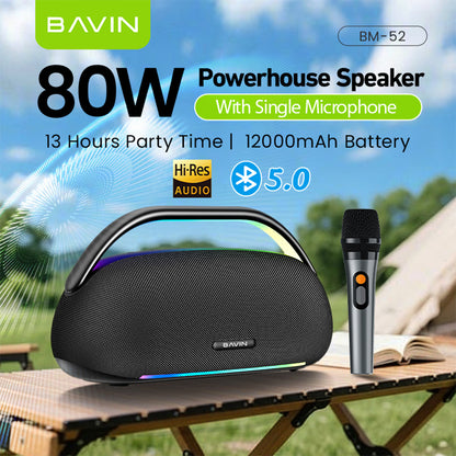 BAVIN BM52 TWS 80W Powerful Sound Party Bluetooth Speaker w/ 12000mAh Powerbank, Wireless Mic + RGB