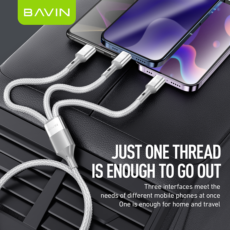 BAVIN CB365 3-in-1 Fast Charging Cable Nylon Braided 3A 480Mbps Data Transfer for Type-C/Micro/iPhone