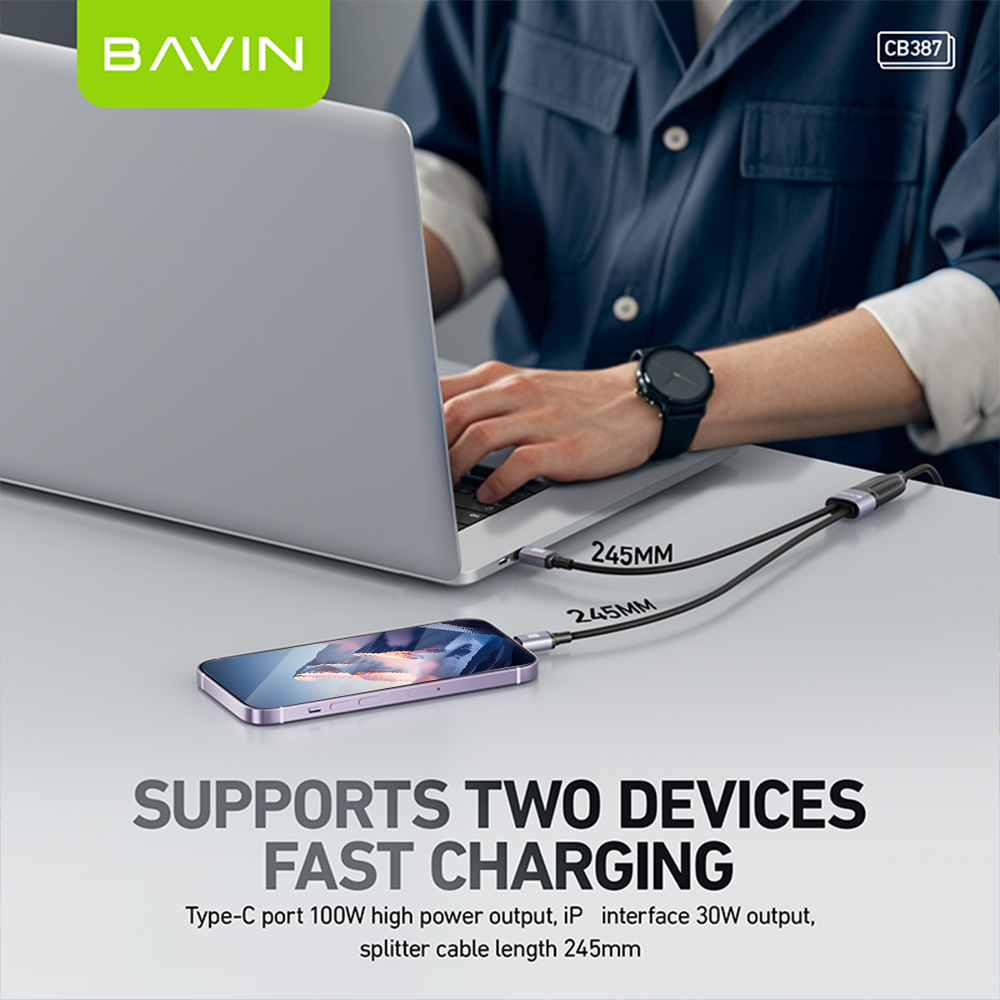 BAVIN CB387 100W 2 in 1 Fast Charging Cable Type-C to Type-C & iPhone w/ 1.2m Nylon Braided Cord for Laptop & Smartphones