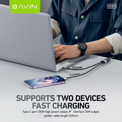 BAVIN CB387 100W 2 in 1 Fast Charging Cable Type-C to Type-C & iPhone w/ 1.2m Nylon Braided Cord for Laptop & Smartphones