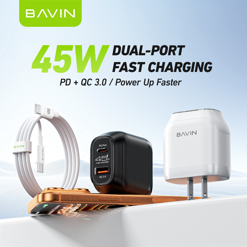 BAVIN PC2165 45W PD QC3.0 USB-C+22.5W USB Fast Charging Charger w/ 1M Cable for iPh 17/Android/Laptop