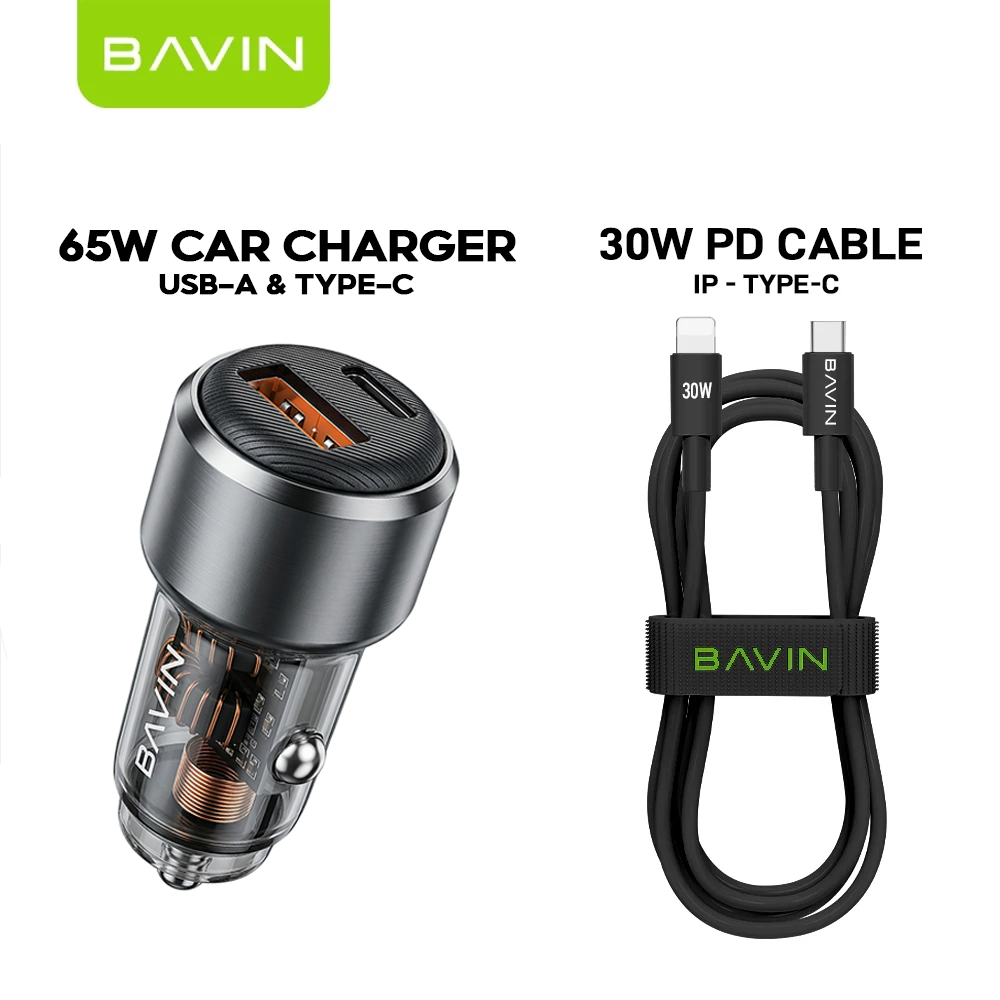 BAVIN PC2153 Mini 65W PD Fast Charging Car Charger w/USB-C+USB-A Ports+1m Cable for Phones/Laptops