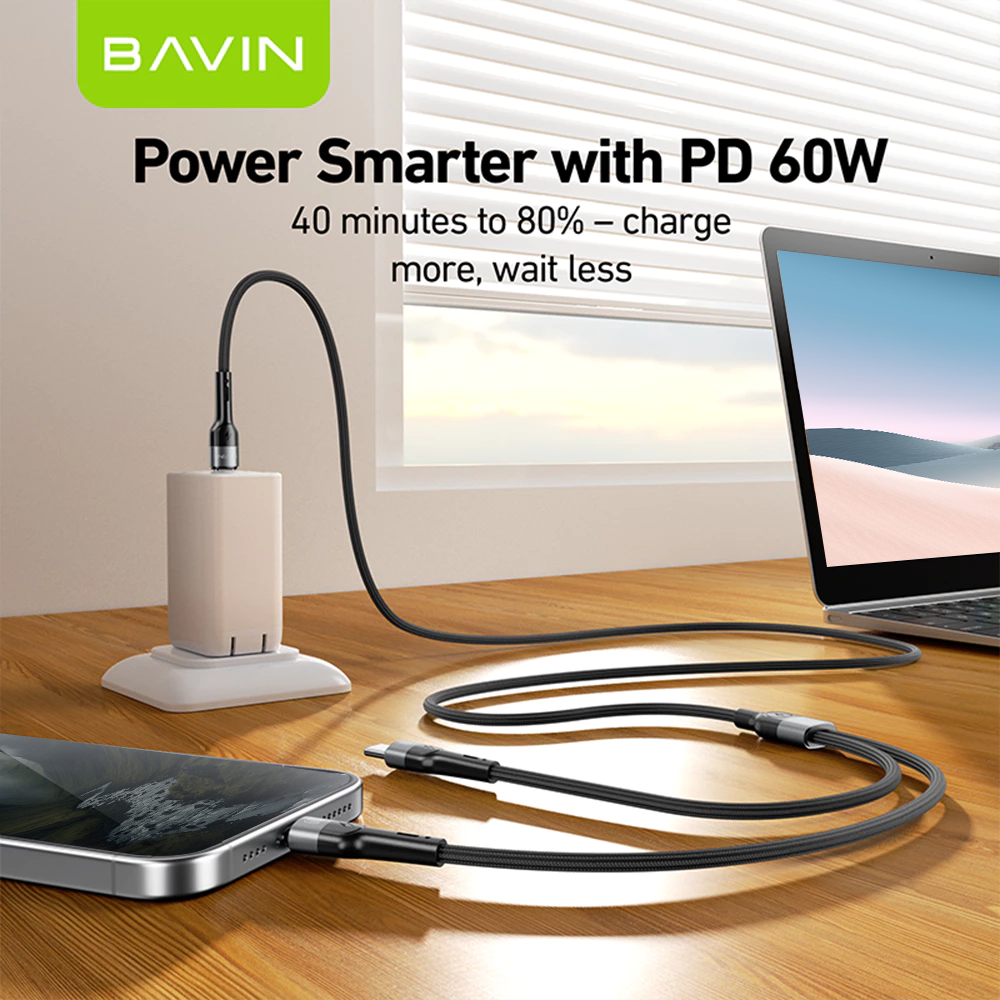 BAVIN U-CB378 60W+18W 2-in-1 Fast Charging Cable Type-C to Type-C 1.2m Nylon for iPh & Android (Supports 17 Series)
