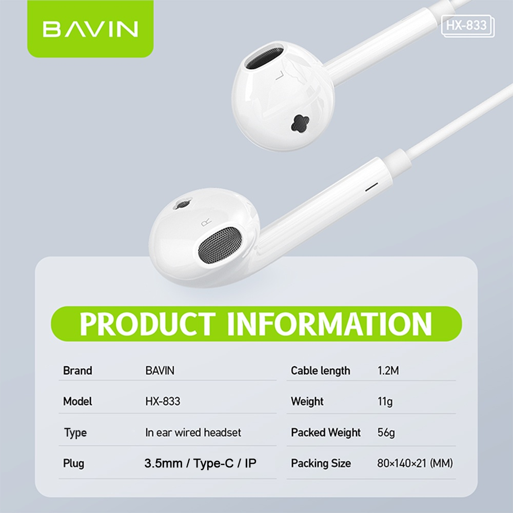 BAVIN H-XX-HX833 Wired Earphones w/ High Stereo Sound