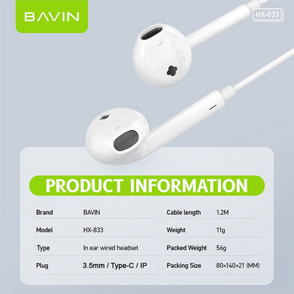 BAVIN H-XX-HX833 Wired Earphones w/ High Stereo Sound