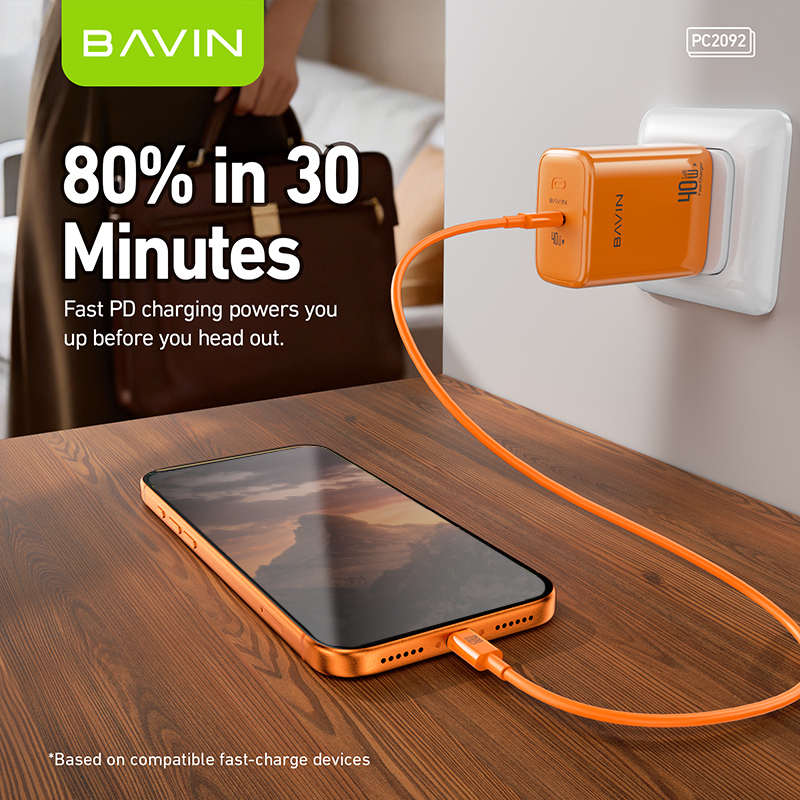 BAVIN PC2092 40W PD GaN Fast Charging Adapter USB-C Wall Charger for Laptop, iPhone 5-17 &Type-C Devices