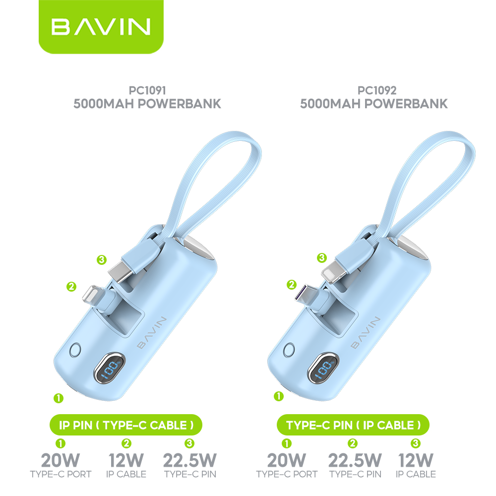 BAVIN PC1091S 5000mAh / PC1201S 10000mAh Mini Fast Charging Powerbank 22.5W USB-C Input/Output, Built-in Cable & Stand