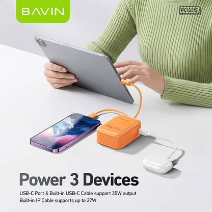 BAVIN PC1211S Portable 10000mAh 35W Fast Charging Powerbank Built-in Type-C & iPhone Cable｜LED Display