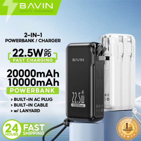 BAVIN Y-PC032 Pro / Y-PC1103 2-in-1 Charger & Powerbank 10000/20000mAh 22.5W Fast Charging w/ Dual Cables & Foldable AC Plug