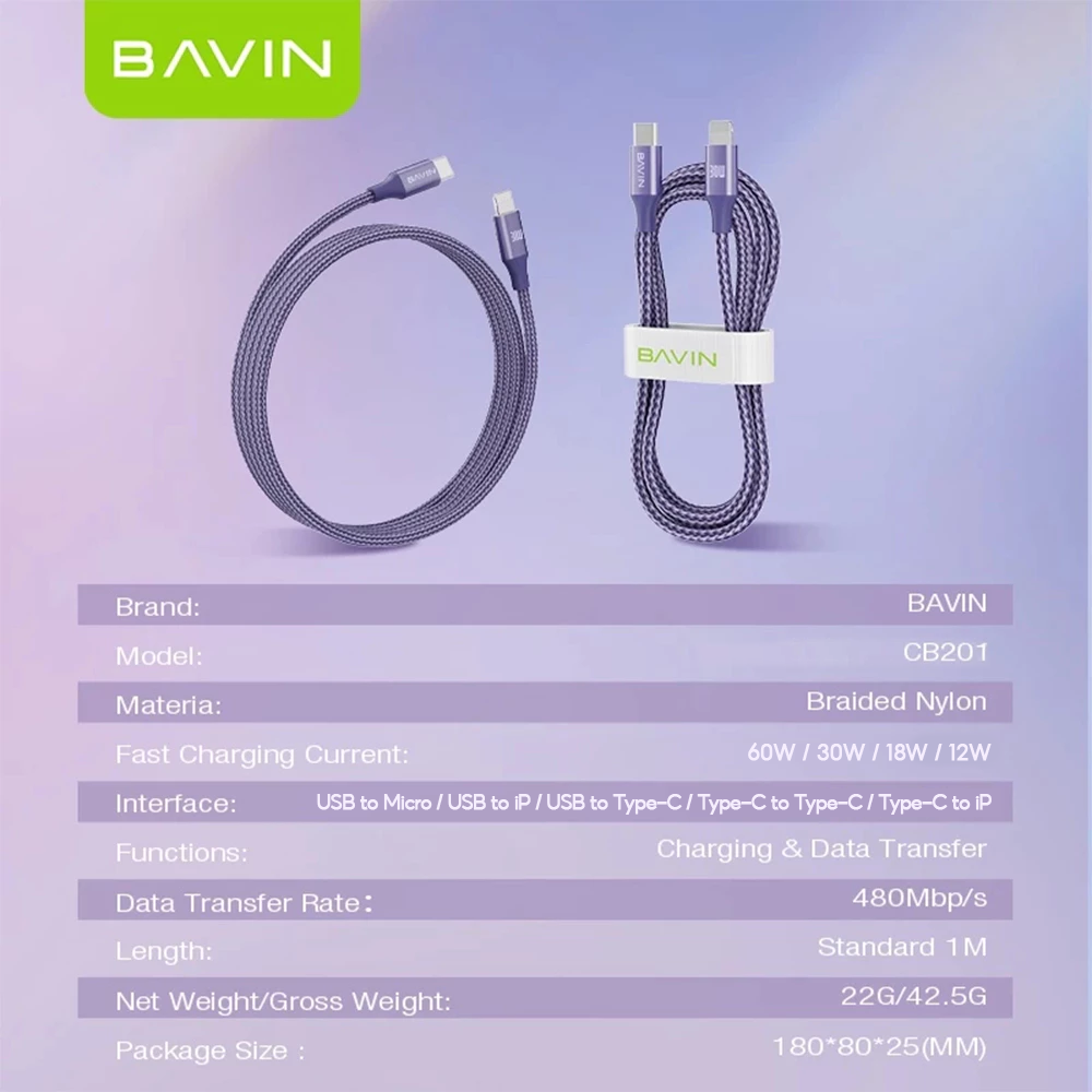 BAVIN CB201 60W / 30W /18W / 12W Fast Charging Data Cable 1m Nylon Braided Wire for Android / iPhone 17