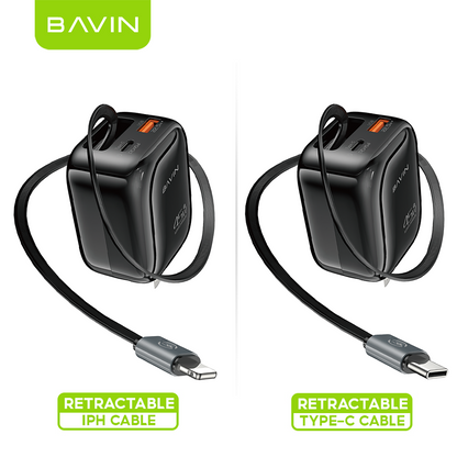 BAVIN PC2077 PD 45W QC 3.0 Portable Fast Charging Adapter w/ 70cm Retractable Cable + Foldable AC Plug for Laptop/Phones