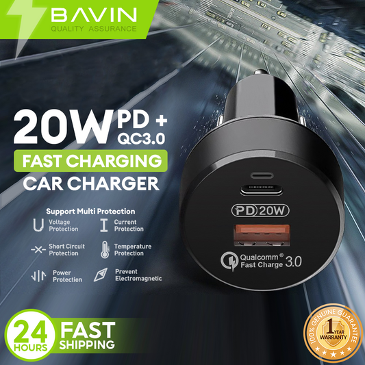 BAVIN C-C-PC309 20W PD Fast Car Charger w/ Dual Ports Compatible for iPhone 16 Series