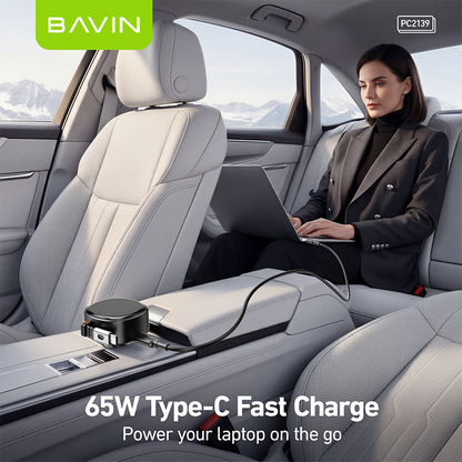 BAVIN PC2139 3-in-1 65W PD Fast Charge Car Charger Built-in Retractable Type-C Cable for Phone/ Laptop
