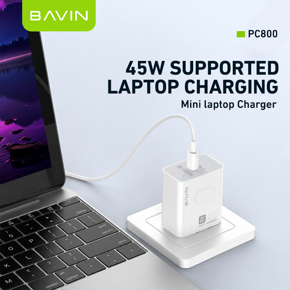 BAVIN PC800 45W PD Fast Charging Adapter Type-C Port Supports for iPhone 17 & Laptop w/ Date Cable
