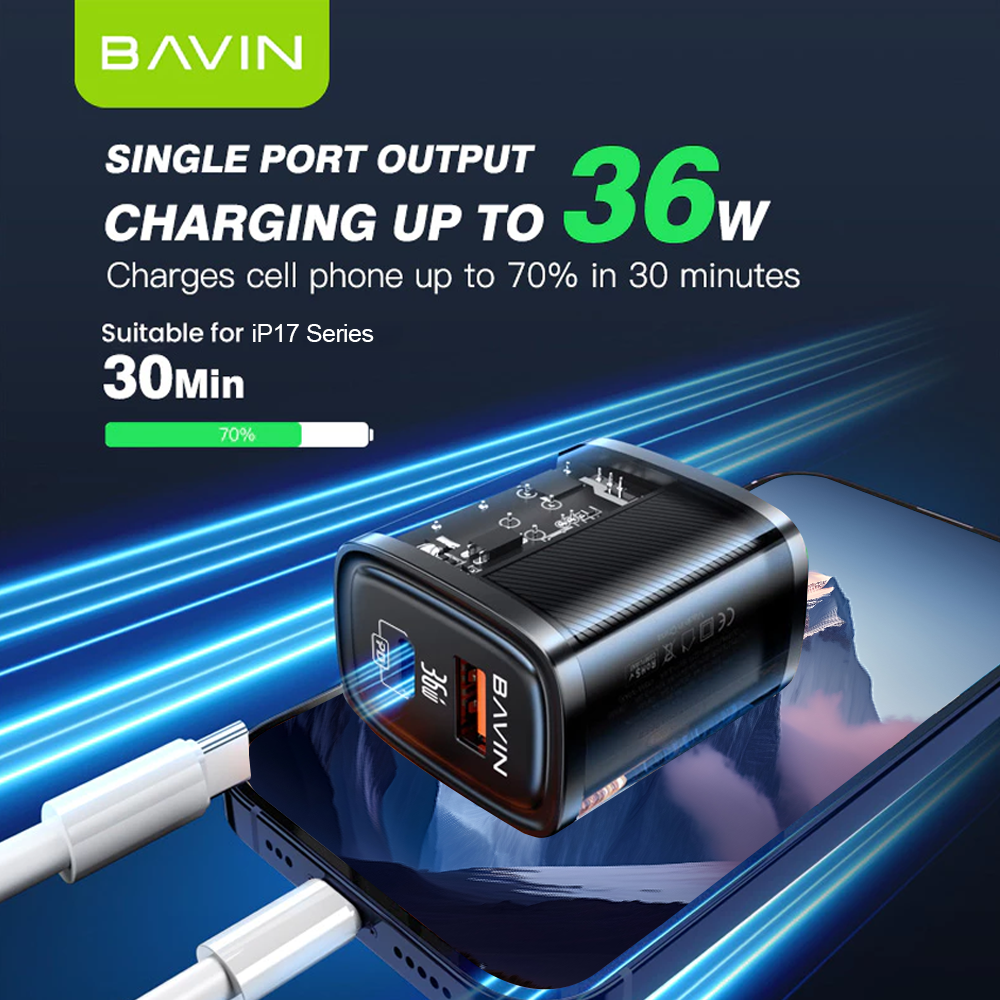BAVIN PC869 36W Fast Charging Dual USB & PD Port with Adapter Supports Laptop Charging Compatible for iPhone 17 Series