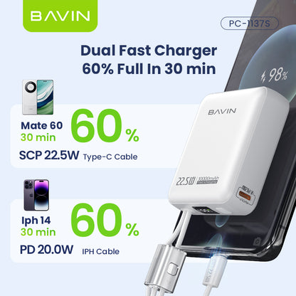 BAVIN PC1137 10000mAh Mini Powerbank 22.5W Fast Charging w/ Built-in Cables Compatible for Android & iPhone 6-17 Series