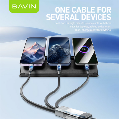 BAVIN CB319 60W PD Fast Charging Cable 3 in 1 Type-C / USB Nylon Braided w/ LED Indicator for iPhone 16