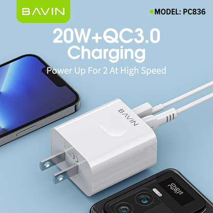 BAVIN C-PC836 20W PD Fast + Qualcomm3.0 Fast Charging Charger Adaptor Dual Port Suitable For iPh 16 Series