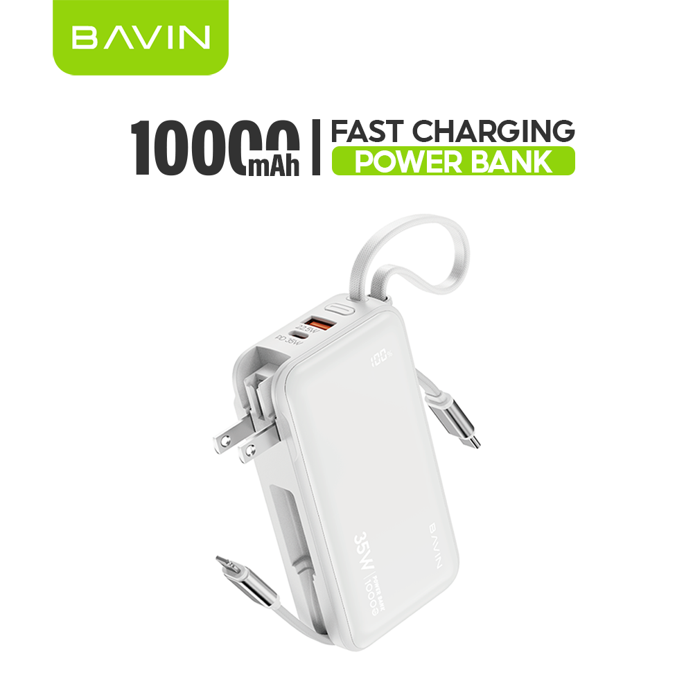 BAVIN PC1215 2-in-1 10000mAh/20000mAh 35W PD Fast Charging Powerbank w/ Built-in Dual Cables + AC Plug
