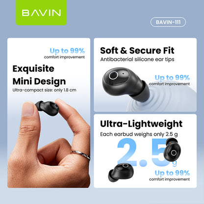 BAVIN BA111 TWS Hi-Res Audio Mini Bluetooth 5.4 Wireless Earbuds w/ Smart Touch & Long Battery Life