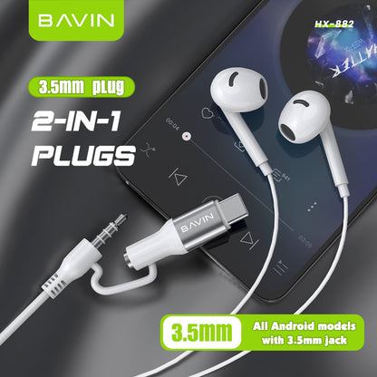 BAVIN HX882 2-in-1 Wired In-Ear Earphones w/ 3.5mm + Type-C Dual Connectors, Hi-Res Audio w/ Volume Control & Microphone