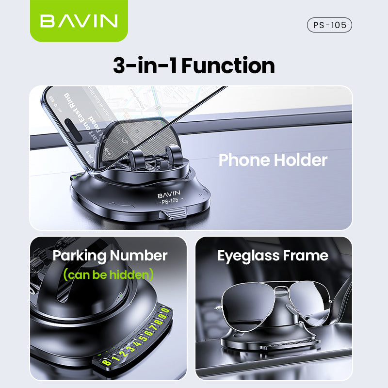 BAVIN PS105 3in1 Car Phone Holder Anti-Slip Dashboard 180° Rotating w/ Parking Number + Glasses Storage