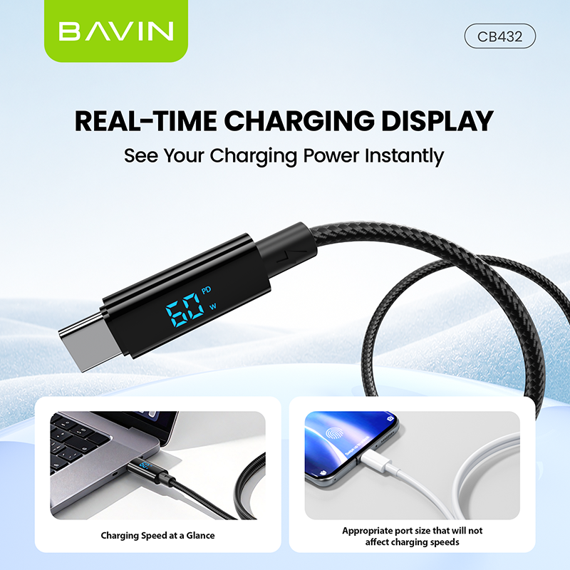 BAVIN CB432 60W PD USB C Fast Charging Data Cable 1M w/ LED Digital Display, Braided Nylon For iPhone 18