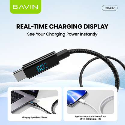 BAVIN CB432 60W PD USB C Fast Charging Data Cable 1M w/ LED Digital Display, Braided Nylon For iPhone 18