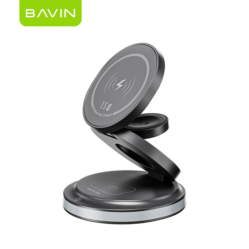 BAVIN Y-PC1181 3-in-1 Magnetic Wireless Charger 15W Fast Charging Dock for Phone Watch Earbuds Foldable w/ LED Light Gray