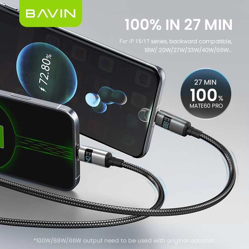 BAVIN CB368 100W PD Super Fast Charging Nylon Braided Data Cable w/ Digital Power Display For Laptop & Phones
