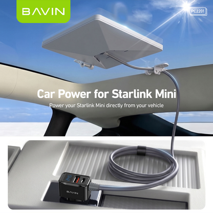 BAVIN PC2201 Starlink Mini 36W PD+QC3.0 Fast DC Power Cable Car Charger w/ Display + Waterproof Outdoor