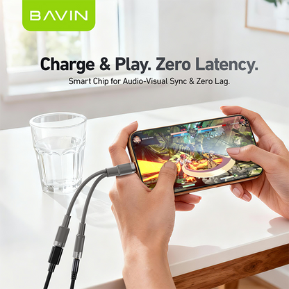 BAVIN AUX62 2-in-1 Hi-Fi Audio & Charge Cable w/iPhone, Type-C to 3.5mm Adapter for Android & iPhone Devices