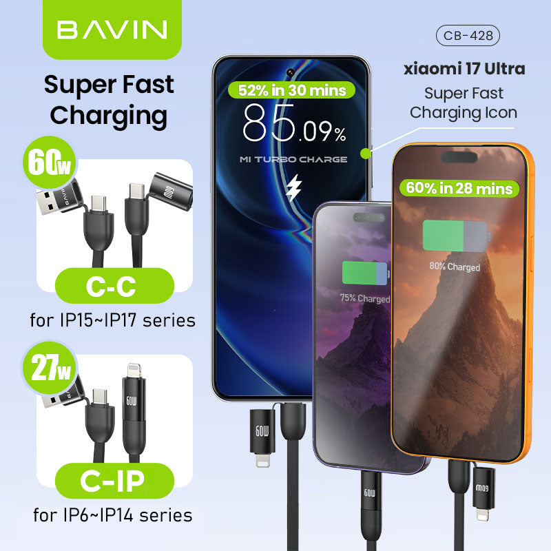 BAVIN CB428 4-in-1 Mini 60W PD Fast Charging Data Cable Keyring Multi-function for iPhone &Android Devices