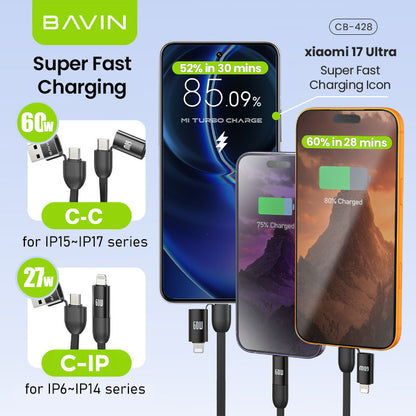 BAVIN CB428 4-in-1 Mini 60W PD Fast Charging Data Cable Keyring Multi-function for iPhone &Android Devices
