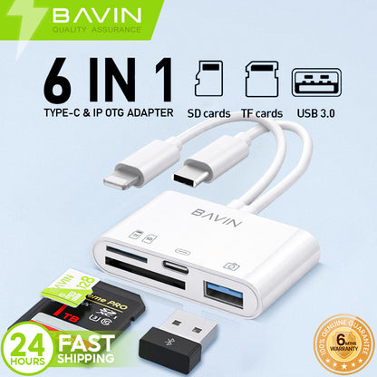 BAVIN O29 / O108 6in1 OTG Card Reader Adapter Type-C and iPhone To TF/SD+USB w/ 5Gbps Transmission