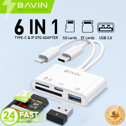 BAVIN O29 / O108 6in1 OTG Card Reader Adapter Type-C and iPhone To TF/SD+USB w/ 5Gbps Transmission