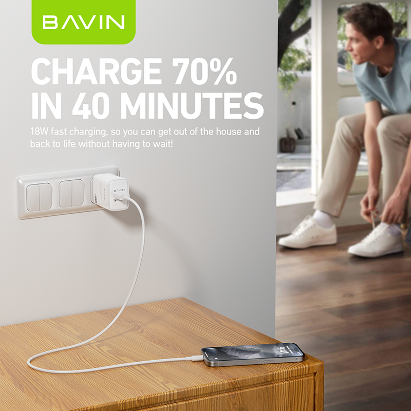 BAVIN PC903 18W Fast Charger Qualcomm 3.0 Portable Adaptor Charger Single USB Port W/ 1 Meter Cable