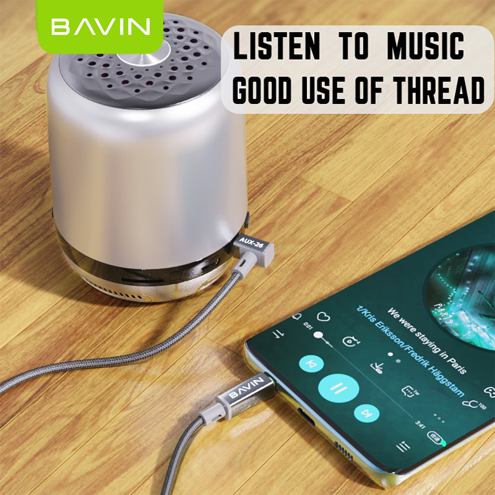 BAVIN H-3.5-AUX26 Universal 3.5mm Audio Jack Cable 1.2m Nylon Braided w/ 90° Angle for Speaker, TV, Computer & Phones