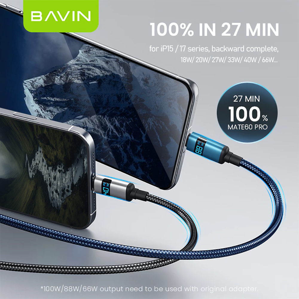BAVIN CB368 100W PD Super Fast Charging Nylon Braided Data Cable w/ Digital Power Display For Laptop & Phones