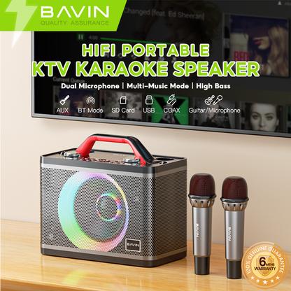 BAVIN DV-BM10 Bluetooth Wireless Portable Karaoke Speaker w/ Dual Bluetooth Microphones & Light